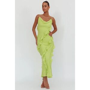 NWT! Here Comes The Sun Panama Bay Ruffle Trim Cowl Neck Maxi Dress Sage Lime L